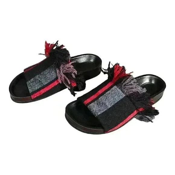 Chloe Slide Sandal Kerenn Kilim Black Gray Red 5 Leather Striped Fringe 35 - Picture 5 of 10